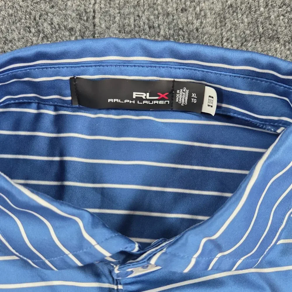 RLX Ralph Lauren Polo Shirt Performance Blue White Striped Mens XL Fit= 2XL Golf